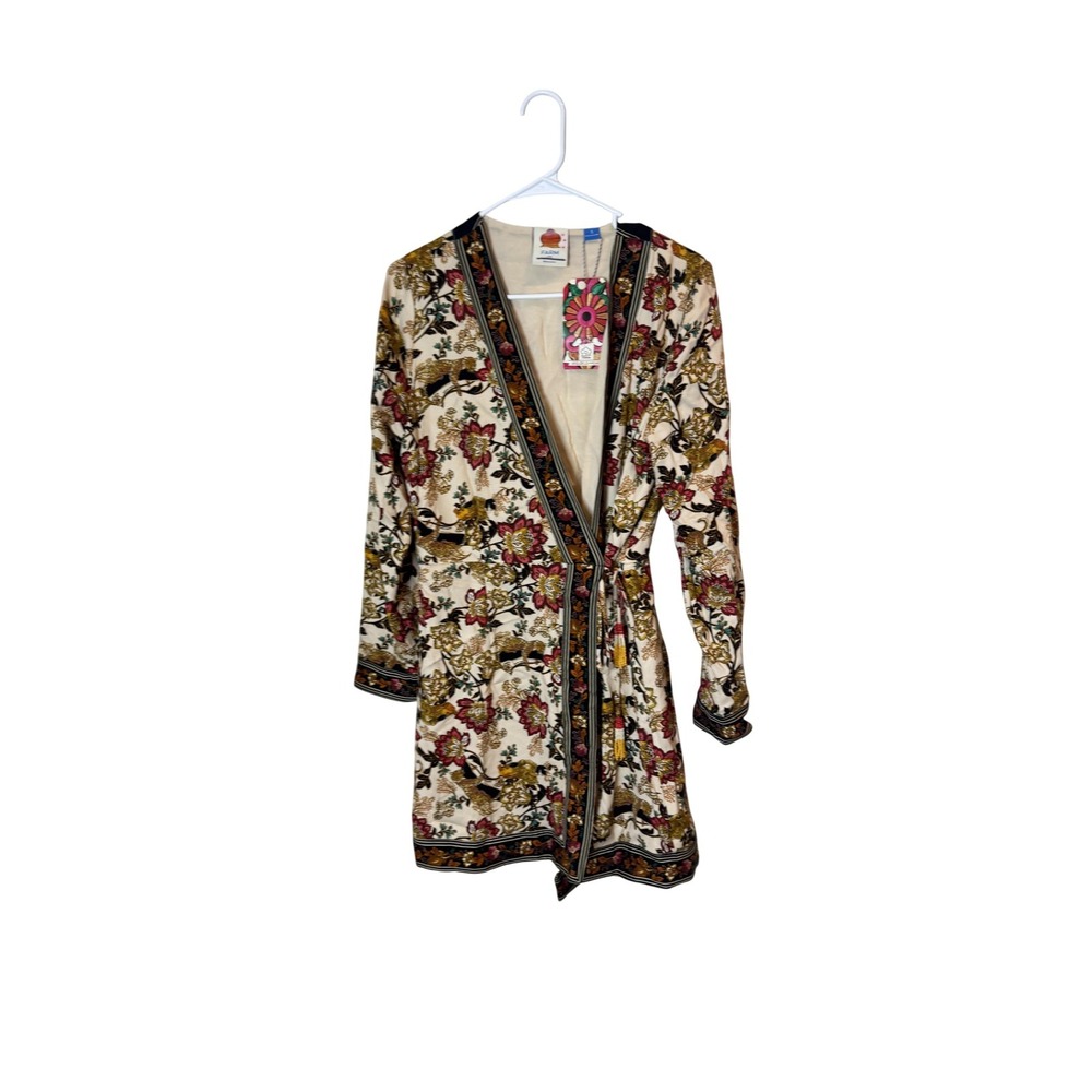 Farm Rio Kimono Jacket Womens Small Cream Floral Leopard Wrap Robe Boho